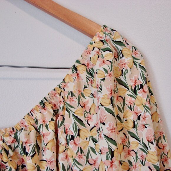 Yellow Floral Midi Dress Prairie Ditsy Babydoll Ruffle Puff Sleeve Size Large - Picture 5 of 16